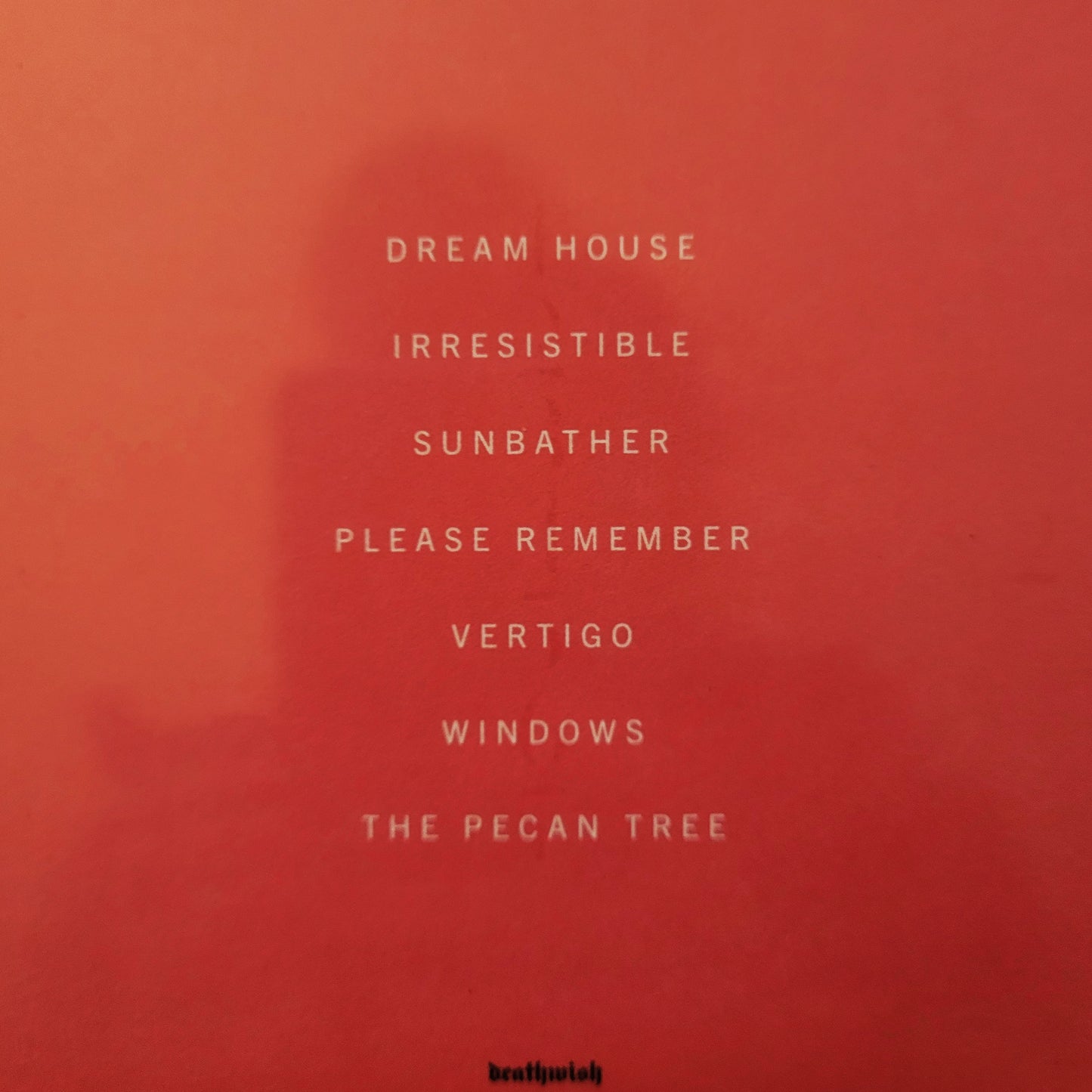 A square red-orange graphic featuring the list of SUNBATHER album tracks in white text, including 'Dream House', 'Irresistible', 'Sunbather', 'Please Remember', 'Vertigo', 'Windows', and 'The Pecan Tree'.