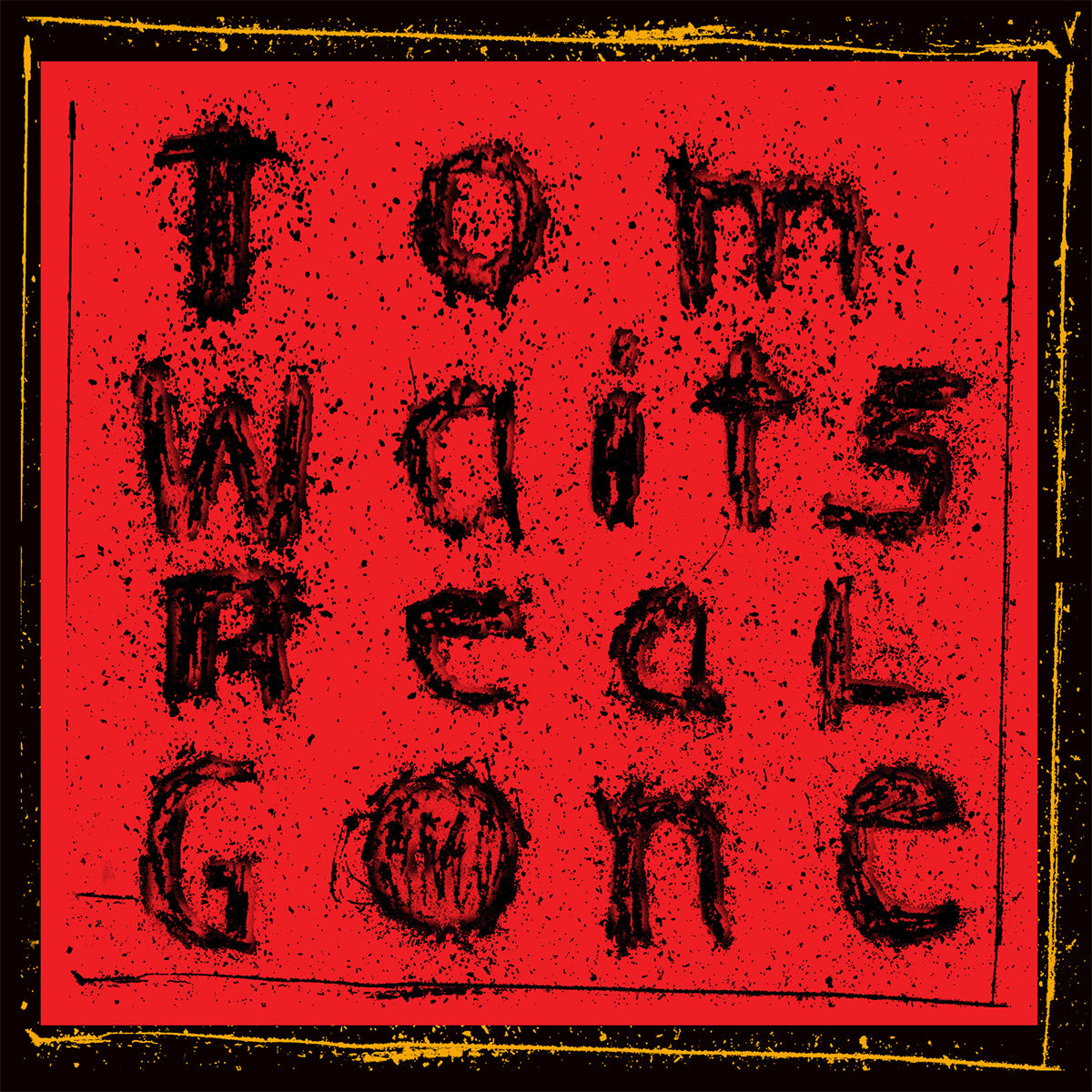 Album cover art for Tom Waits' 'Real Gone', featuring the title in a distressed, hand-drawn black font over a solid red background with a black and yellow border.