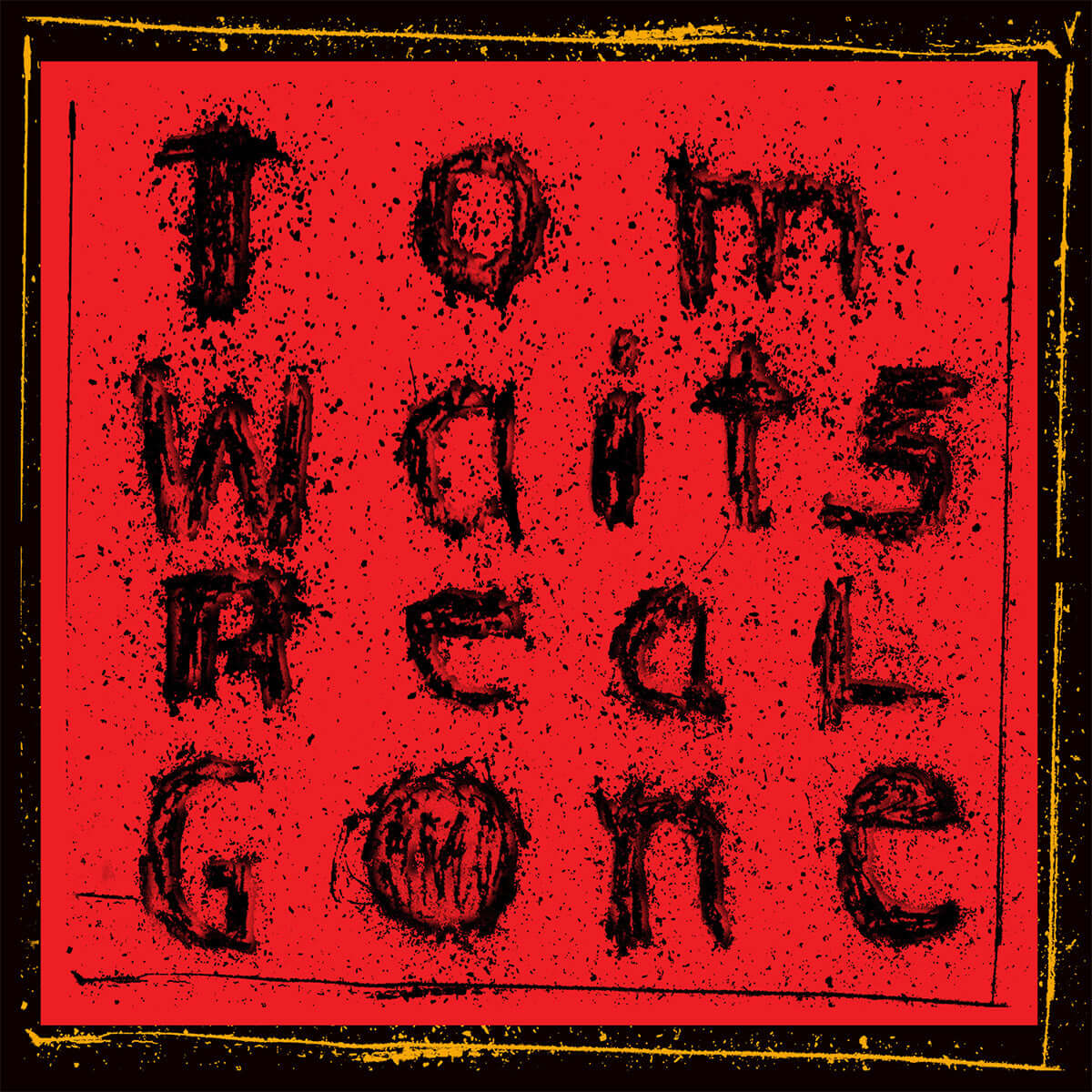 Album cover art for Tom Waits' 'Real Gone', featuring the title in a distressed, hand-drawn black font over a solid red background with a black and yellow border.