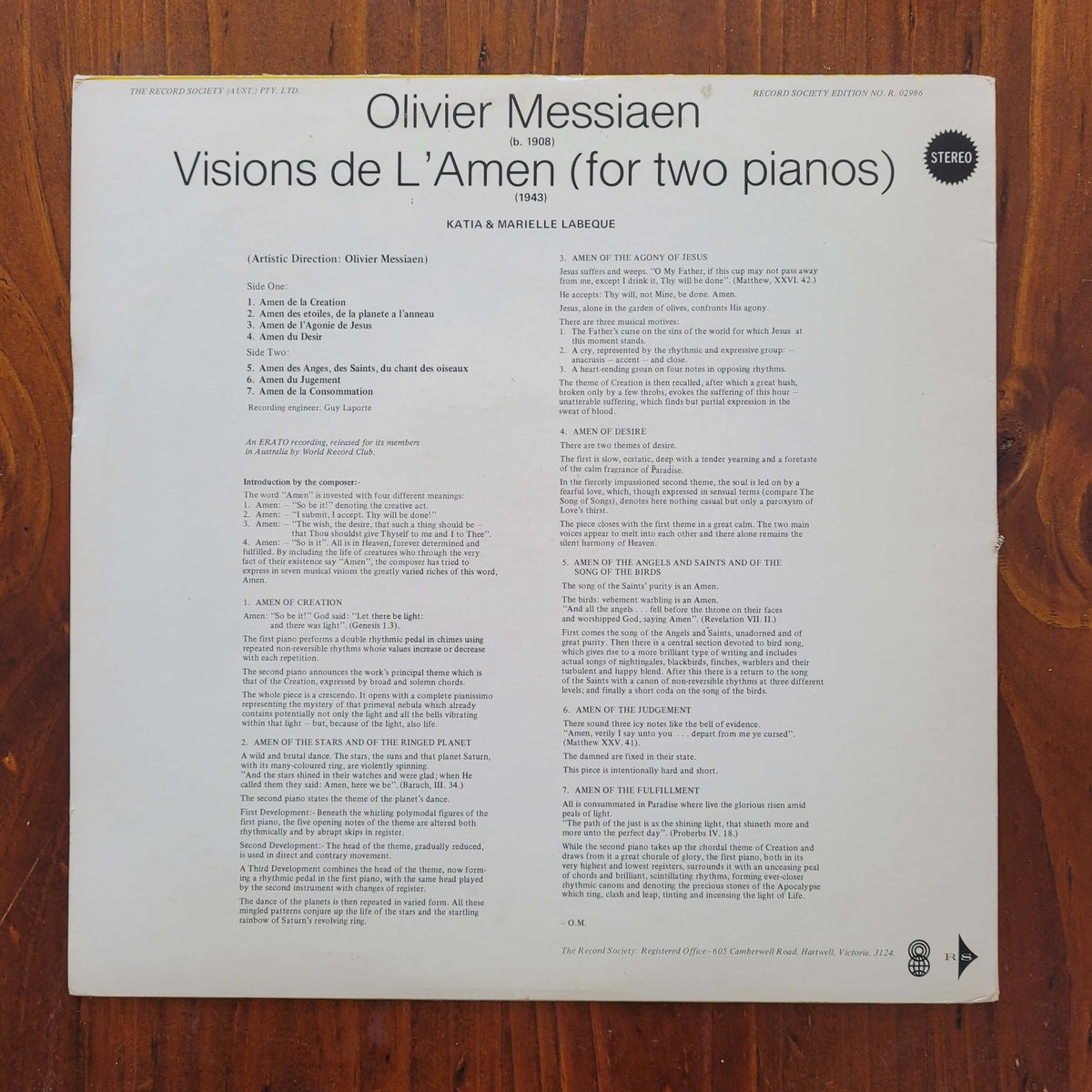 Olivier Messiaen / Katia & Marielle Labeque - Visions de L'Amen (for two pianos) (Used - VG+) - Swoon