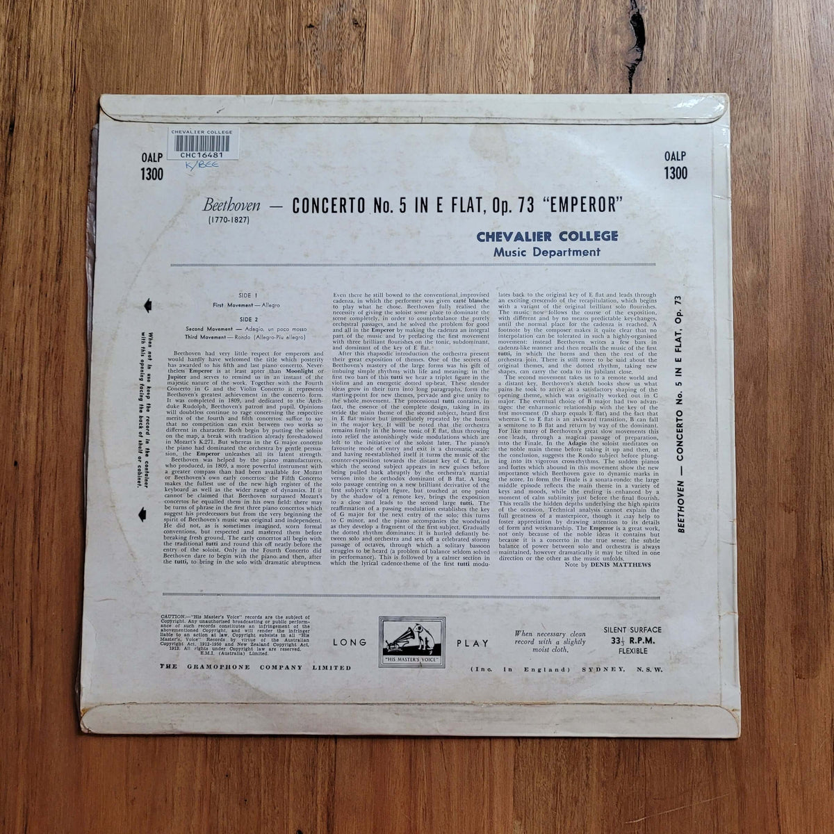 Beethoven The Emperor Concerto' By Solomon Vinyl Back
