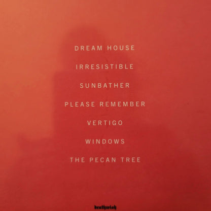 A square red-orange graphic featuring the list of SUNBATHER album tracks in white text, including 'Dream House', 'Irresistible', 'Sunbather', 'Please Remember', 'Vertigo', 'Windows', and 'The Pecan Tree'. 