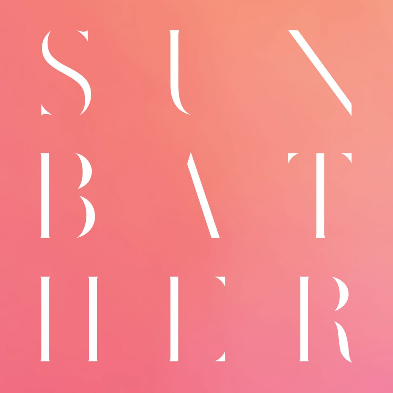 A square graphic with the word 'SUNBATHER' spelled out in large white serif letters over a soft pink-to-peach gradient background.