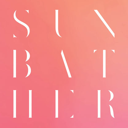 A square graphic with the word 'SUNBATHER' spelled out in large white serif letters over a soft pink-to-peach gradient background.