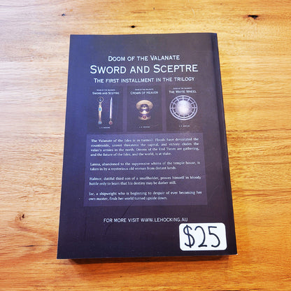 The back cover of the book 'Doom of the Valanate: Sword and Sceptre' by L.E. Hocking. 