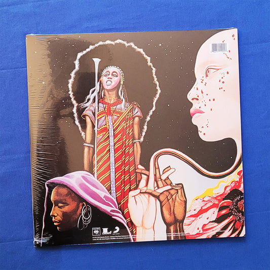 A square vinyl record sleeve. Back cover of Miles Davis - Bitches Brew.