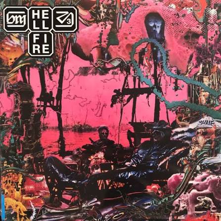Album cover art for Hellfire by the band My Chemical Family, featuring a highly detailed, chaotic collage in vibrant pink, black, and green tones with a stylized figure reclining in the foreground.