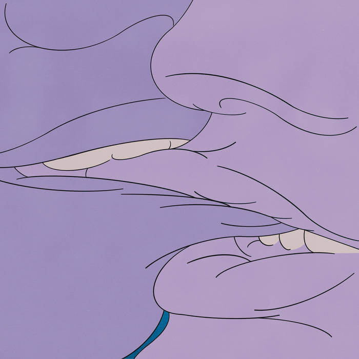 A close-up stylized illustration of a purple face with thin black linework and small cream-colored teeth, filling the frame against a matching purple background.