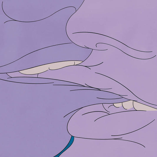 A close-up stylized illustration of a purple face with thin black linework and small cream-colored teeth, filling the frame against a matching purple background.