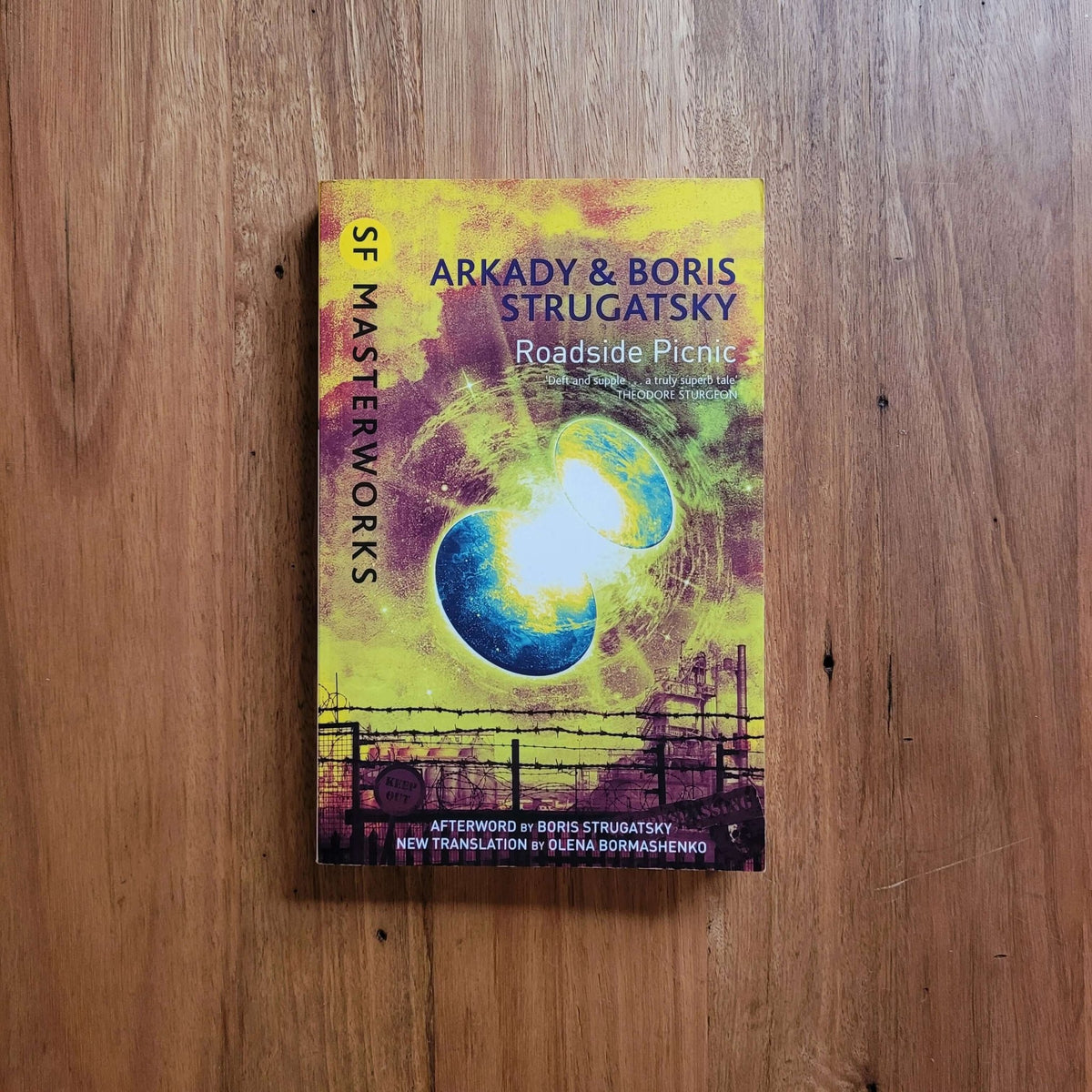 Arkady & Boris Strugatsky - Roadside Picnic book cover illustration on wooden surface