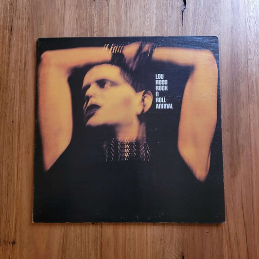 A vinyl record sleeve for Lou Reed's 'A Room with a View' resting on a wooden tabletop. The cover features a dramatic portrait of Lou Reed with his arms behind his head against a dark background, with the text 'LOU REED ROCK N' ROLL ANIMAL' printed on the right.